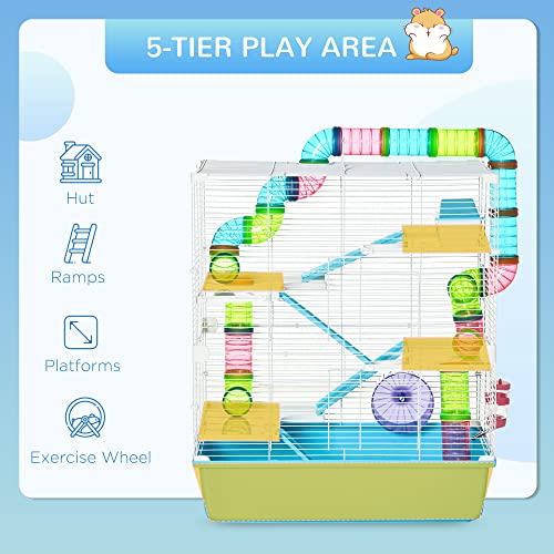 PawHut Extra Large 23" Hamster Cage with Tubes and Tunnels, Portable Carry Handles, Rat House and Habitats Big 5-Tier Design, Mouse Cage Includes Exercise Wheel, Water Bottle, Food Dish, Light Blue | Portable Carry Handles, Rat House and Habitats, Big 5-T