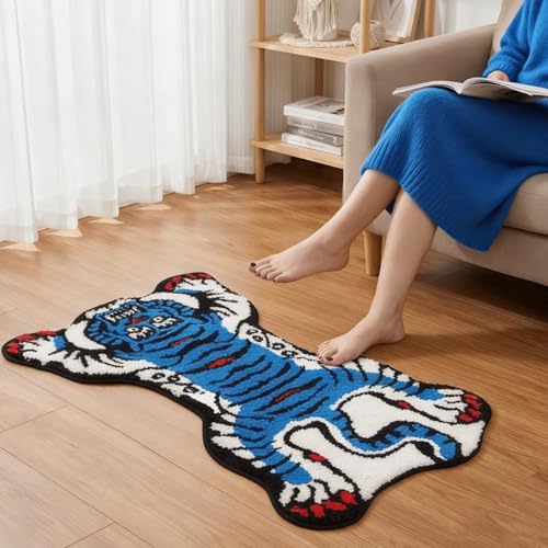 Tibetan Tiger Rug, Blue Tiger Bath Mat Fun Animal Bathroom Rug | 24 x 40 In, Soft Plush Pile, Non-Slip Backing, Washable, Irregular Shape, Bedroom and Living Room Floor Accent - color: Blue
