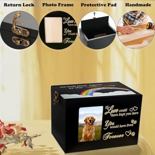 Solid Wood Large Dog Urn for Ashes,Pet Memorial Rainbow Bridge Urn | Pet Urns for Dogs or Cats Ashes Keepsake，Cremation Box with Photo Frame&Black Flannel as Lining,Loss Pet Remembrance Gift - size: Large - Capacity 140 cubic inches