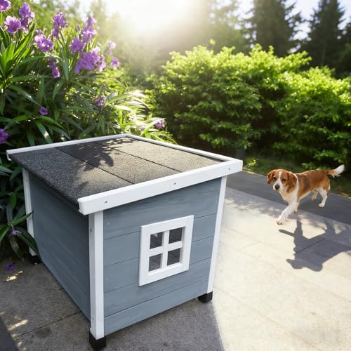 Agitree Outdoor Wooden Pet House, Weatherproof Winter Shelter for рuррy and Small Cats, Elevated Design with Window，100% fir Insulated Pet Safe Haven | Easy 15-Min Assembly (Gray-White)