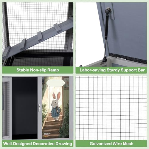 Wood Rabbit Hutch with Balcony Small Animal House Bunny Cage on Wheels | Ideal for multiple small animals, Featuring chewproof ramp & pull-out tray, Suitable for indoor or outdoor use