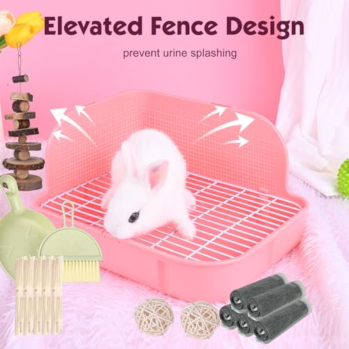 RUBYHOME Rabbit Litter Box Toilet, Plastic Square Cage Box Potty Trainer Corner Litter Bedding Box Pet Pan for Small Animals, Rabbits, Guinea Pigs, Chinchilla, Ferret, Galesaur, 11.4 Inches (Pink) - color: Pink