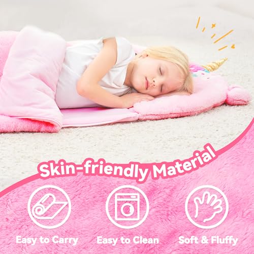 iPlay, iLearn Kids Unicorn Sleeping Bag, Toddler Girl Daycare Plush Nap Mat | 2 In 1 Animal Slumber Bag, Pink Pillow, Happy Travel Sleepover Preschool Birthday Gift for Age 3 4 5 6 7 8 10 12 Child Teens - style: Unicorn