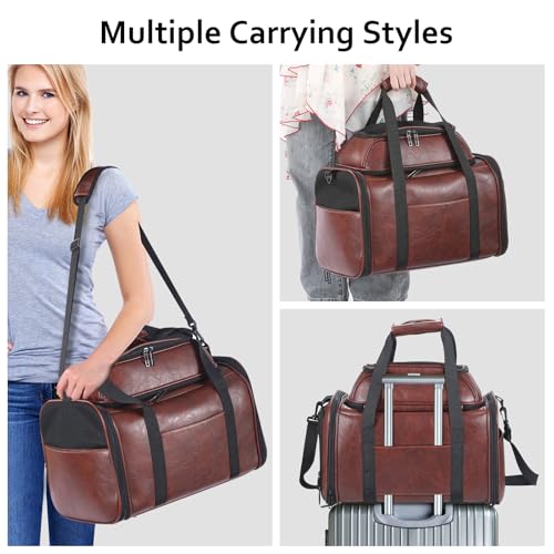Premium Leather Top Expandable Pet Carrier for Small Dogs & Cats Under 15 lbs, Airline Approved Collapsible Soft-Sided Luxury Travel Bag Coffee - color: Coffee