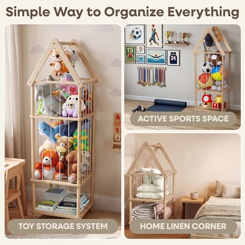 Kid Stuffed Animal Storage Corner, 3 Heights Adjustable (36", 45.5", 55.5") Wooden Zoo Stuffed Animal Organizer with Bottom Shelf, Durable Elastic Plushies Storage Cord - Teddy Bear Holder