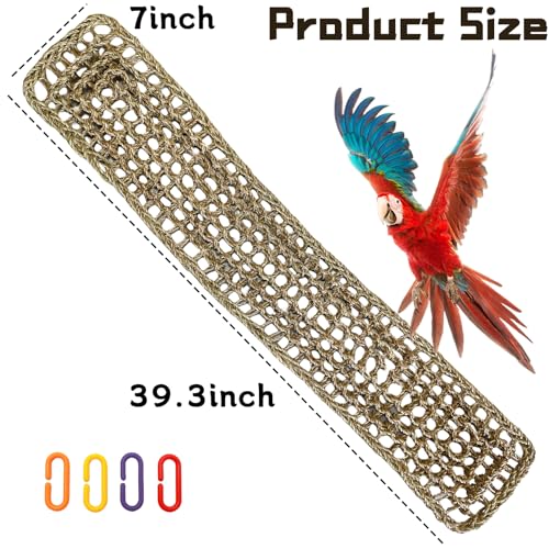 Bird Seagrass Mat 39.4×7" Long Natural Macaw Woven Net Hammock Hanging on Parrot Cage with Hooks Climbing Ladder Swing Chew Toys for Cockatoo Large Parrot Supplies - size: 39.4" × 7"