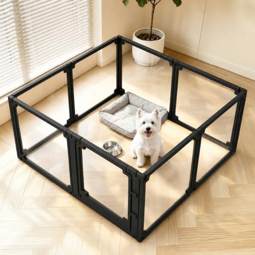 Dog Playpen, Expandable & Stackable Acrylic Dog Play Pen, FlexiSpace Adjustable Clear Dog Enclosure Indoors, Transparent Dog Fence for Dogs Cats Rabbits Small Animals (Black, 24", 8 Panels) - color: Black, size: 24"