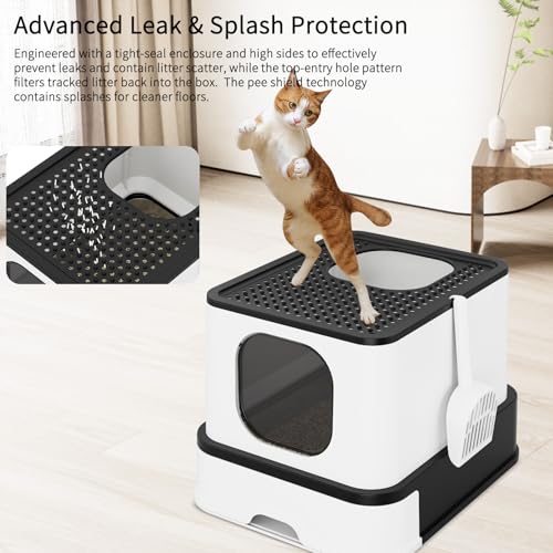 RIZZARI Stainless Steel Litter Box: Enclosed Pull-Out Drawer Top Exit | Removable Sifter Tray / High Leak-Proof Walls / One-Way Bottom Entry / Smooth Non-Stick Surface / Spacious for Multi-Cats - color: Black