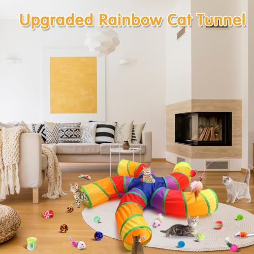 Poen 21 Pcs Cat Tunnel for Indoor Set Collapsible 5 Way Tubes with 20 Pcs Cat Kitten Toys Interactive Feather Toy Mouse Crinkle Balls Tube for Puppy Kitten Rabbit(Colorful) - color: Colorful