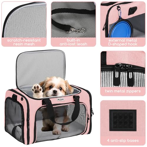 Pet Carrier for Cats & Small Dogs, Travel Carrier with Anti-Collapse Support, Chew Resistant Buckles, Luggage Sleeve, Multi-Pocket Storage, Reversible Mat & Bowl (Pink, Medium (17.5"x11"x11.5")) - color: Pink
