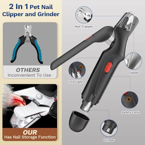 2 in 1 Dog Nail Clippers & Cat Nail Clippers Trimmers for Large Medium Small Dogs Cats Claw Trimmer Quick Sensor and Safety Guard USB Rechargeable Dogs Nail Trimmer with Catcher & 2 LED Lights - color: Black