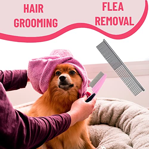 Dog Grooming Kit - Deshedding Brush for Short Hair, Slicker Brush, Flea Comb, Puppy Brush Set in Pink - color: Pink