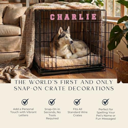 Custom Letter Charms for Dog and Cat Crates, Snap-On Decor Kit | Snap-on rubber letter charms for dog and cat wire crates. Personalize with names, phrases, birthdays and pet parties.