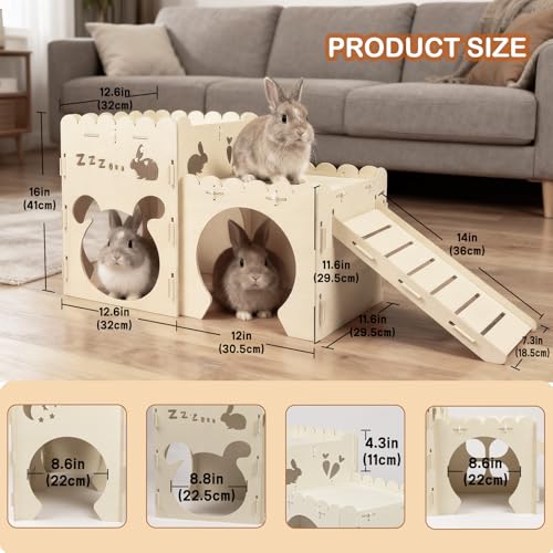 Large Rabbit Castle, Wooden Bunny House,Detachable Rabbit Hideaway, Indoor Hamster Castle with Ramp, Small Animal Houses & Habitats for Guinea Pig Chinchilla Ferret(2 House) - size: Large - 2-House