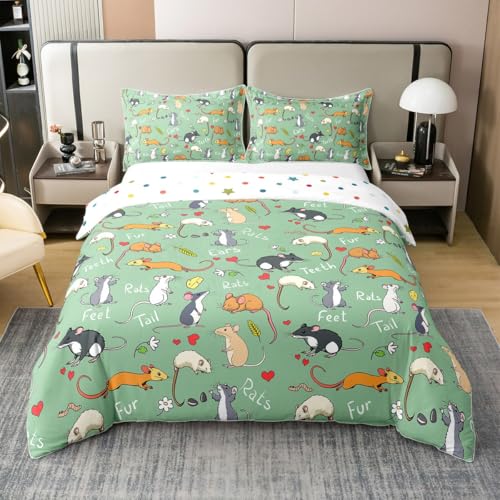 100% Cotton Kids Rat Bedding Set, Mouse Rodents Duvet Cover Queen, Funny Animal Love Heart Comforter Cover For Boys Girls Children Bedroom, Cartoon Style Quilt Cover Decorative Room, Green - color: Multi 22, size: Queen (No Comforter)