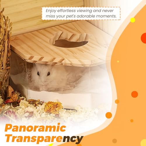 ASTIMESA Plastic Hamster Sand Bath Container with Ladder, Clear Hamster Litter Box Tub Wood Cover for Chinchilla Pet Gerbil Guinea Pig Digging Small Animal House Pentagon