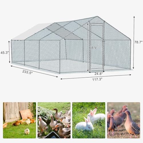 Outvita Chicken Coop, 19.5×10 FT Large Metal Chicken House, Poultry Habitat Cage with Waterproof Cover, Walk-in Chicken Run Pen for Small Animals, Yard, Farm, Patio - color: Silver, size: 234.0"L x 120.0"W x 78.0"H