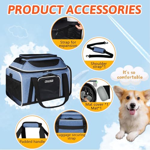 Top and Side Expandable Small Pet Carrier Airline Approved, Blue | 17"Lx12"Wx8.5"H, for JetBlue/Frontier/Spirit Airlines, Pets Under 8 Lbs, Lockable Zippers, Soft-Sided, Anti-Scratch Mesh - color: Blue, size: 17.0"L x 12.0"W x 8.5"H