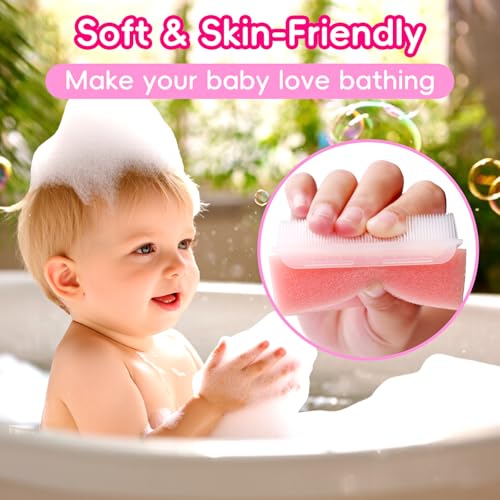 Cradle Cap Brush for Babies, Baby Bath Essentials with Silicone Scrubber Bath Sponge Dual-Sided Comb for Newborns Toddlers Boys Girls (Pink, Set of 5) - color: Pink Brush+comb