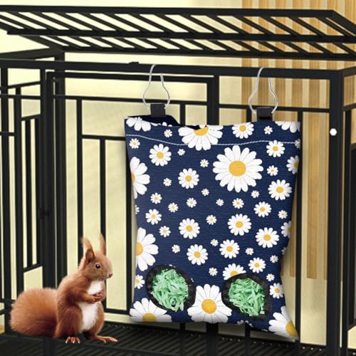 2Pcs 2 Styles Hay Feeder Bag for Bunny Guinea Pigs Chinchillas 11.6 x 9.1 Inch Small Animal Hay Bags with 2 Holes Blue Star Daisy Cloth Washable Hanging Pet Feeding Storage Cage Accessories - color: Star