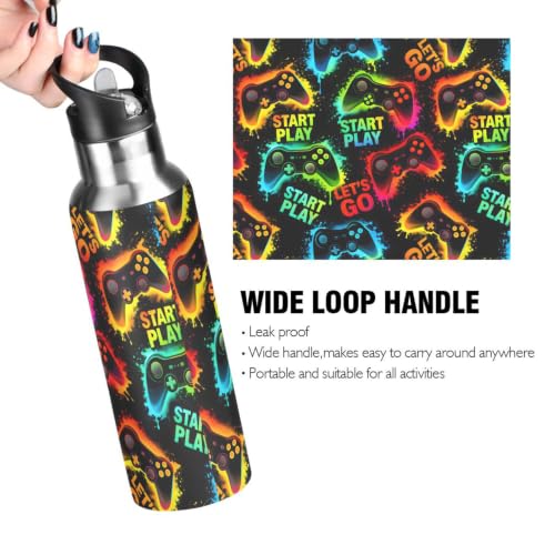 Colorful Joystick Gamepad Kids Water Bottles, Insulated Sports Vacuum Stainless Steel Thermos Mug with Straw Lid & Handle 20 oz - color: AB01