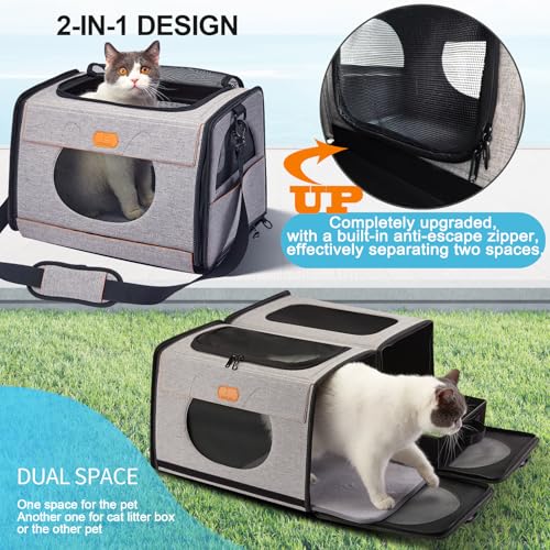 Cat Travel Carrier with Litter Box, Large Cat Carrier for Car | Double Cat Carrier, Pet Carrier 2-in-1, Cat Crate for kitten 2 cats, Collapsible Travel Transport carrier for Long Distance