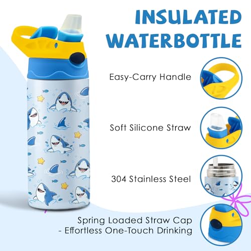 Shark 12 oz Water Bottle with Straw – Kids Stainless Steel Vacuum Insulated Cup, Leakproof Pop-Up Spout, Reusable Travel Mug for Boys and Girls Outdoor Sports - color: Shark1