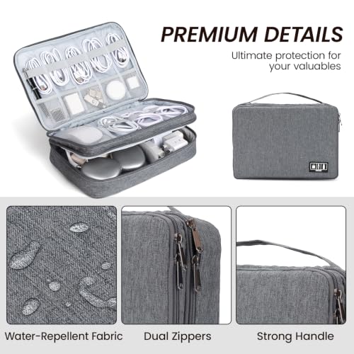 Electronic Organizer Travel Case, Double Layer Cable Organizer Bag | Double-layer design with adjustable dividers, mesh pockets and elastic loops for chargers, cables, power banks and gadgets - color: gray