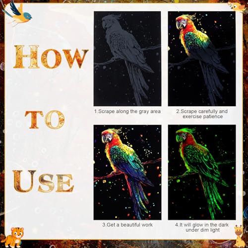 Gersoniel 8 Pack Scratch Paper Art Glow in The Dark Scratch Kit for Adult Rainbow Painting Paper Sheet with Pen / Cleaning Brush Noctilucent Engraving Scratchboard for Adults Craft Gift, Stress Relief - color: Hummingbird,Deer