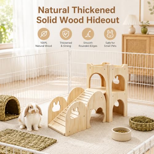 Large Bunny Hideout Wooden Bunny House with Ramp Rabbit Castle(Set of 2) | solid wood guinea pig hideout chinchilla house with detachable panels,rabbit hide with ramp hideaways and climbing areas - style: Set of 2