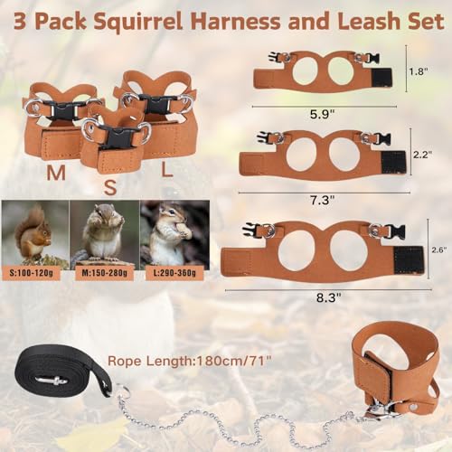 3 Pack Squirrel Harness and Leash Set - Adjustable Soft Leather & Traction Rope Strap Anti-Biting Chainfor Small Pet Walk Jogging Bearded Dragon Reptile Squirrel Rat