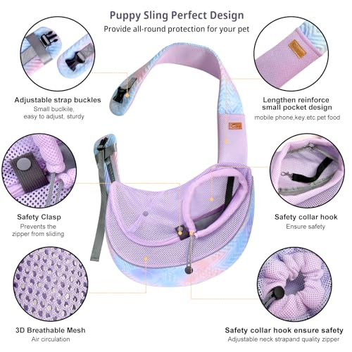 Pet Sling Carrier for Small Dogs Cats,Adjust Drawstring & Zipper Security Hook Triple Designs for Pets' Securty Dog Bag,Breathable Travel Pet Puppy Sling Carrier (Purple, L (10-14lbs)) - color: Purple, size: L (10-14 lbs)