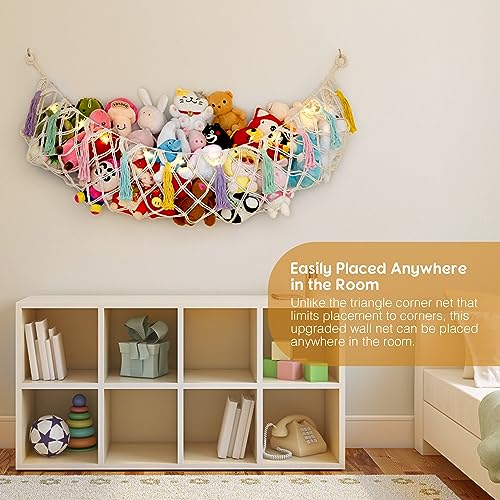 Stuffed Animal Net or Hammock, Large Stuffed Animal Storage Macrame Toy Hammock Hanging Corner Net for Stuffed Animals, Plushie Net Hammock with Star Lights for Boho Kids Room Nursery Playroom Decor