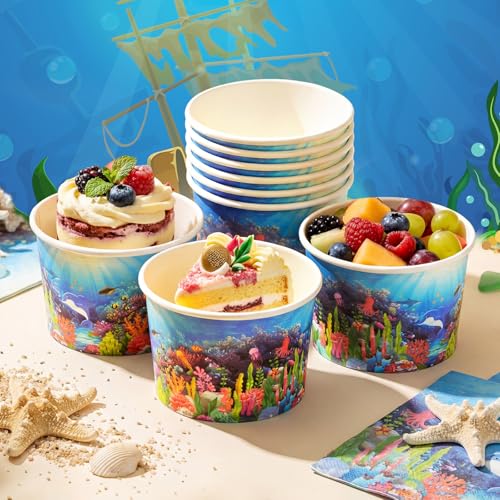 Funnymoom 50 Pack Under The Sea Ice Cream Cups 9 oz Ocean Disposable Dessert Bowls Under The Sea Animal Paper Soup Bowls Snack Cups for Hot or Cold Food Underwater Creatures Birthday Party Supplies - color: Ocean Blue, style: Under the Sea