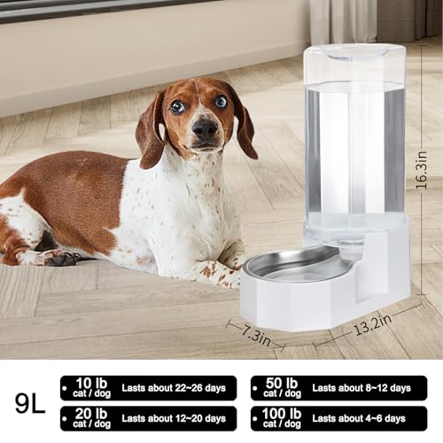 Sfozstra 9L Large Dog Water Dispenser: Gravity Design for Multiple Pets | Spill Resistant/No Filter Maintenance/Stainless Steel Bowl/Easy to Clean/Indoor & Outdoor Use - color: White, size: 9L With Filter