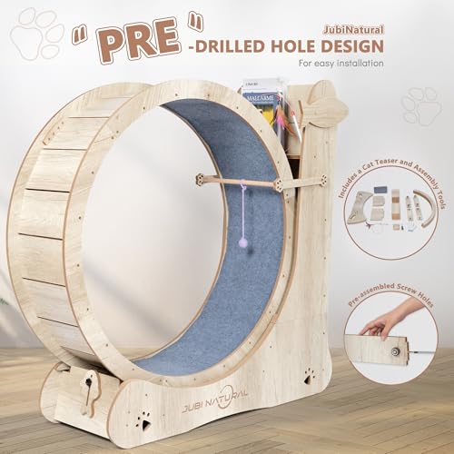 40" Cat Exercise Wheel for Indoor Cats, Low-Noise Treadmill | 4-in-1 activity center with removable carpet, safety lock, under 6 mm gap, sisal scratcher, teaser toys and storage shelf