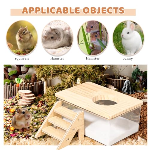 Hamster Sand Bath, Pentagon Hamster Sand Bath Container with Climbing Ladder, Large Acrylic Hamster Dig Box with Wood Cover, Sand Bath for Hamsters Small Animals (Rectangle) - style: Rectangle