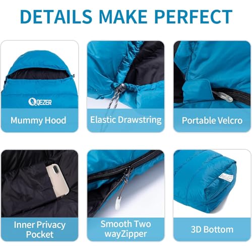 0 Degree Down Sleeping Bag for Adults,Cold Weather Backpacking | 650 Fill Power Down, 4-Season Use, Large Lightweight Compact Carry, Camping Hiking Backpacking - color: 500g-Blue