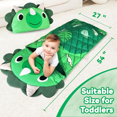 iPlay, iLearn Kid Sleeping Bag, Dinosaur Slumber Sack, Toddler Boy Nap Mat | 2 in 1 Green Dinos Cushion Pillow Blanket, Happy Travel Sleepover Daycare Preschool Birthday Gift for 3 4 5 6 Years Old Child - style: Dinosaur