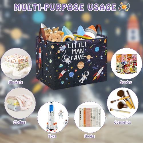 Astronaut Rockets Nursery Laundry Hamper,Space Storage Basket with Inspirational Quotes,Planets Boy Room Decor Shelf Basket ,Rectangular Clothes Book Toy Storage Bin (Black) - color: Black