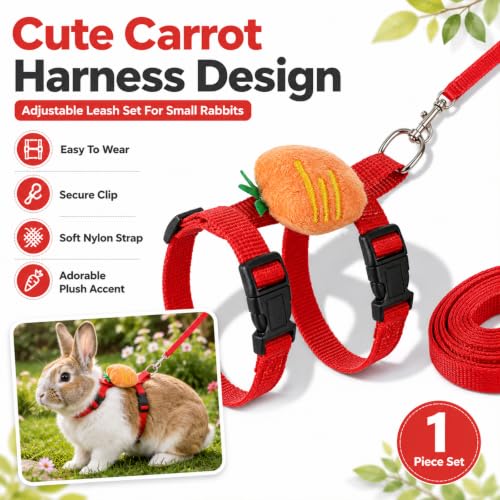 Rabbit Harness and Leash Set, Bunny Leash for Walking Escape Proof, Adjustable Cute Vest with Decoration for Ferret Cat Puppy Small Pets (Carrot)