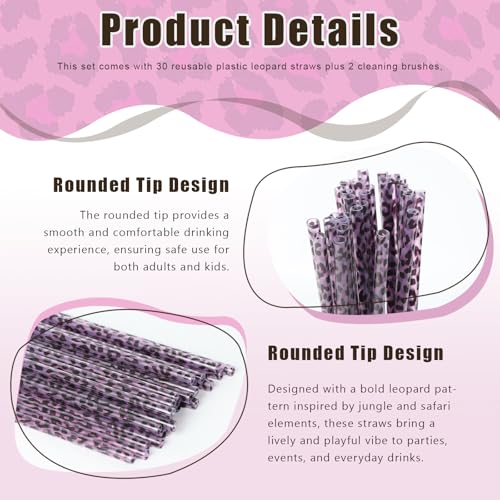 30 Pcs Reusable Purple Leopard Print Straws Cheetah Print Plastic Drinking Straws with 2 Cleaning Brushes for Fun Animal Print Party Favors Birthday Party Supplies - color: Purple
