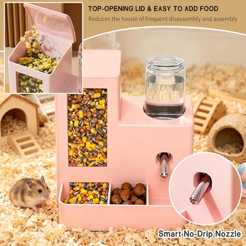 Hamster Water Bottle and Feeder, No Drip 2-in-1 Automatic Waterer and Food Dispenser, Gravity Feeding Hamster Cage Accessories for Small Pets 5.51 x 4.33 x 6.49 Inch - color: Pink