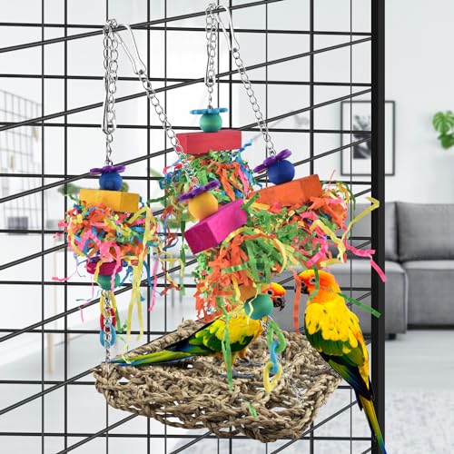 KATUMO Bird Toys, Grass Swing Hammock Climbing Toy for Parrot Parakeet | Natural Grass with Colorful Chew Toys, Climbing and Resting Toys for Small and Medium Pet Birds - size: 6.4 x 6.4 x 0.78 inch