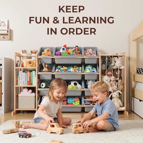 Toy Storage Organizer with Bookshelf and Stuffed Animal Storage - Kids Playroom Organization with Shelves and 12 Toy Bins - Toddler Living Room Toy Box for Lego - Nursery Bedroom Decor Essential - color: Grey, size: 55.2"W,3 Shelves,12 Bins