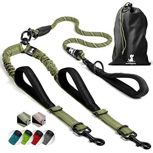 Double Dog Bungee Rope Leash - Dual Dog Lead for Medium and Large Breeds - Padded Handles, No Tangle - Flow Leash, 2 Dogs Walking Accessory - color: Green Range