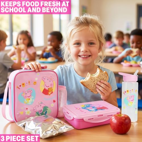 Get Trend Peppa Pig Girls Lunch Box 3Pc Set | Kids Insulated Lunch Bag with BPA-Free Water Bottle and Bento Box, Back to School Gifts for Girls - color: Pink Peppa Pig