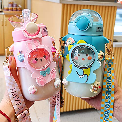 Kawaii Water Bottle Cute Water Bottles with Straw, Kawaii Bear Water Bottle with Adjustable Strap and Stickers - for School Outdoor Travel, BPA-Free, 24oz (Pink Rabbit) - color: Pink Rabbit