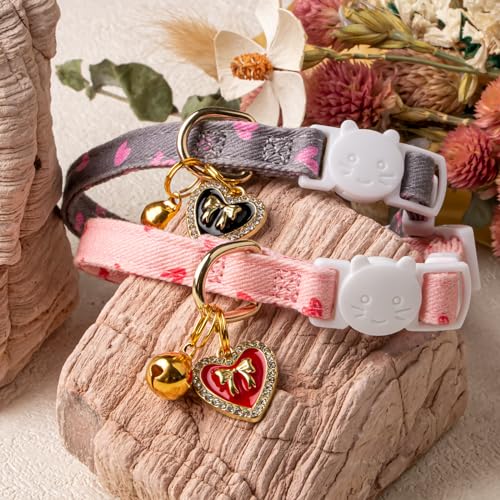 2 Pack Cotton Cat Collar Pink and Gray Heart Shaped Cute Kitten Cat Collar | Breakaway Breathable Soft material With cute pendants with Bell - color: Pink&Gray