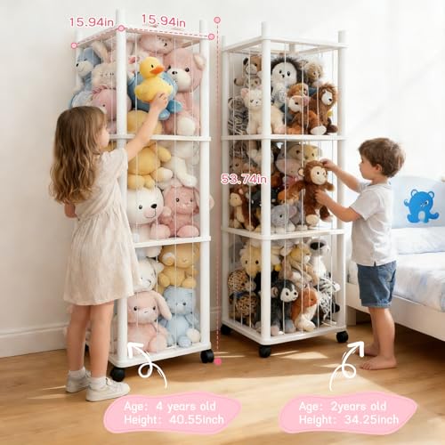 Stuffed Animal Zoo Storage with Lockable Wheels, White | Sturdy Solid Wood Toy Organizer, Large Capacity Plush Toy Cage, Space-Saving for Toddler/Playrooms/Bedrooms - color: White